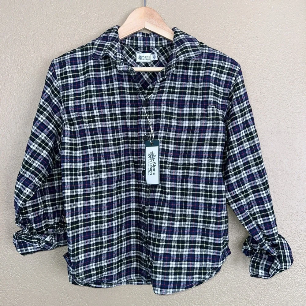 Alpine Design Womens Size‎ XS MidWeight Plaid Flannel Navy Cream Timberline